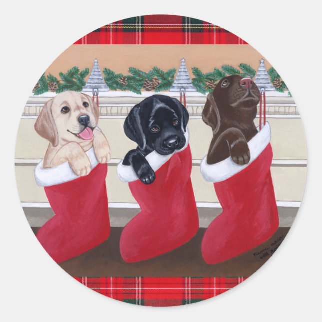 Labrador Retriever Puppies Christmas Painting Classic Round Sticker (Front)