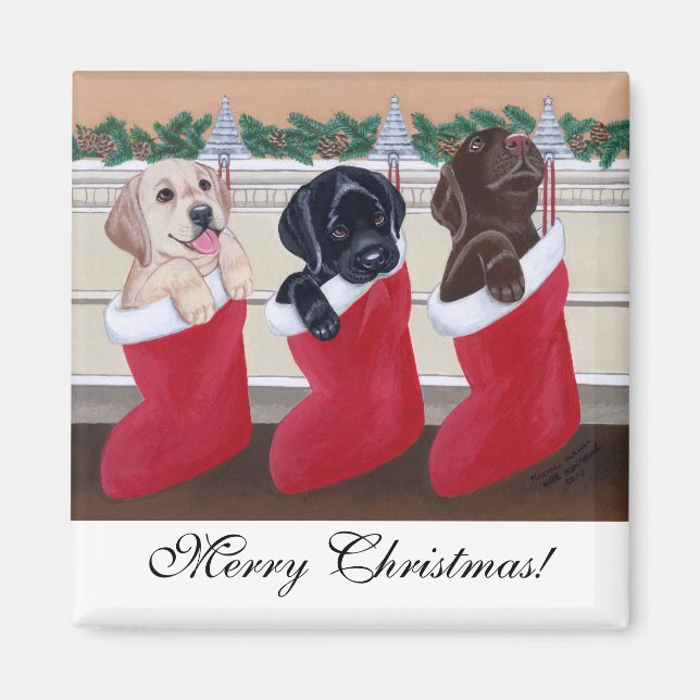 Labrador Retriever Puppies Christmas Painting Magnet (Front)