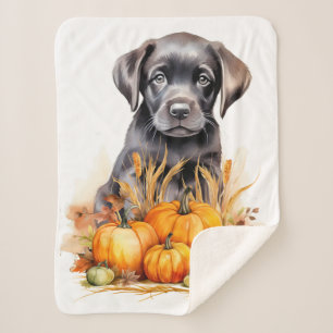 Labrador Retriever Puppy Autumn Pumpkins Dog Lover Sherpa Blanket