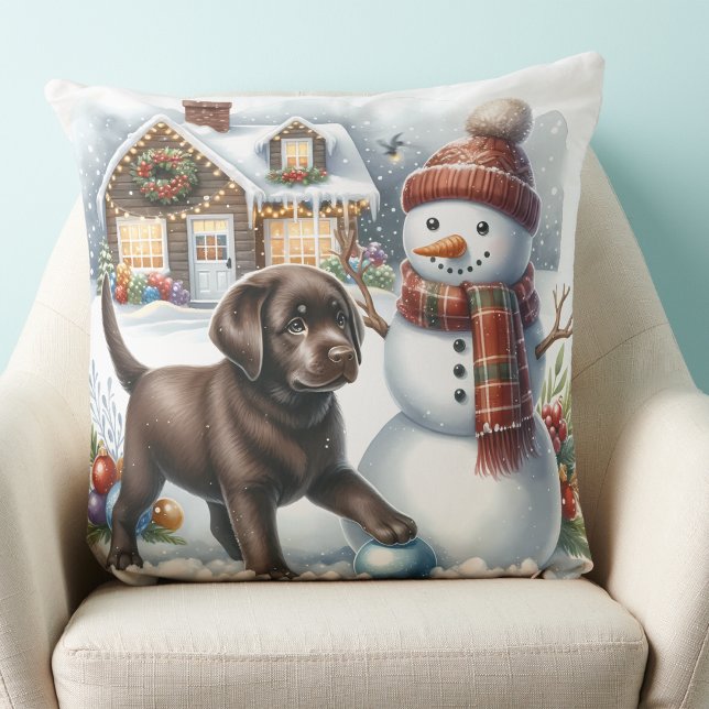 Labrador Retriever Puppy Dog Snowman Christmas Cushion (Creator Uploaded)
