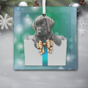 Labrador Retriever Puppy in Box Bokeh Christmas Glass Tree Decoration