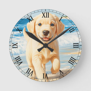Labrador Retriever Puppy on Beach Round Clock