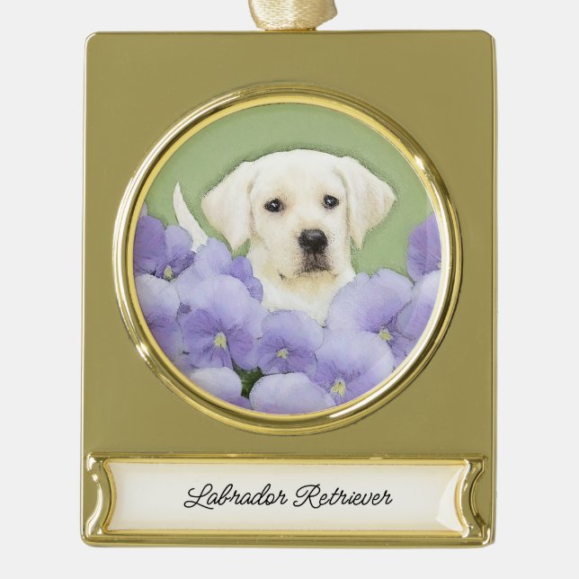 Labrador Retriever Puppy Painting Original Dog Art Gold Plated Banner Ornament (Front)