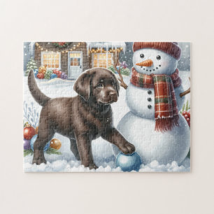 Labrador Retriever Puppy Snowman Christmas Dog Jigsaw Puzzle