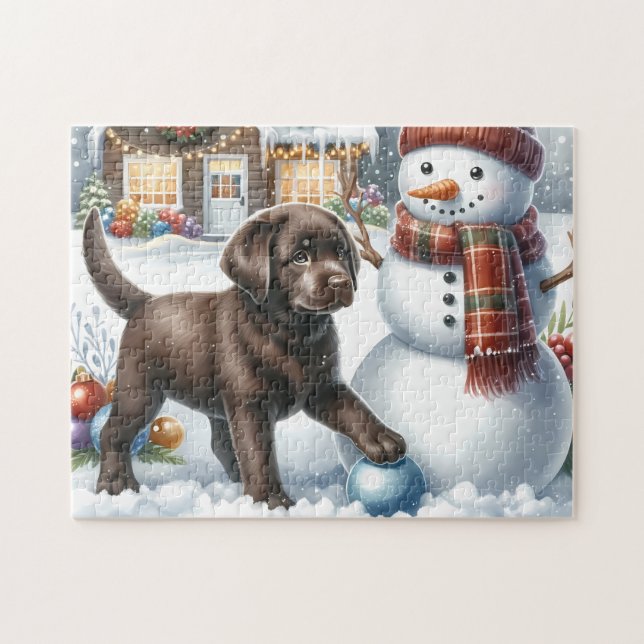 Labrador Retriever Puppy Snowman Christmas Dog Jigsaw Puzzle (Horizontal)