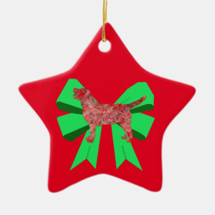 Labrador Retriever Silhouette Green Bow Christmas Ceramic Ornament