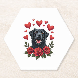 Labrador Retriever with Red Roses Hearts Valentine Paper Coaster