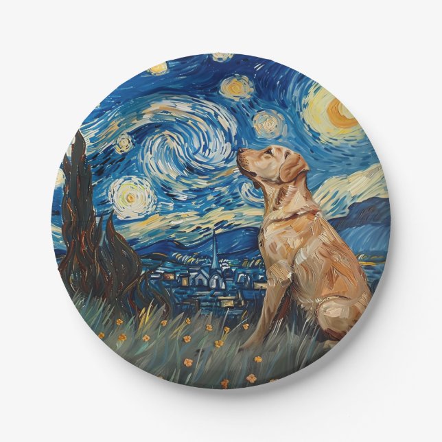 Labrador Retriever Yellow Lab Dog Starry Night Paper Plate (Front)
