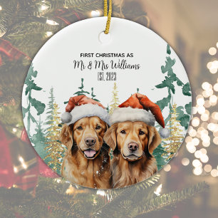 Labrador Retrievers Couple Monogram Name Christmas Ceramic Ornament