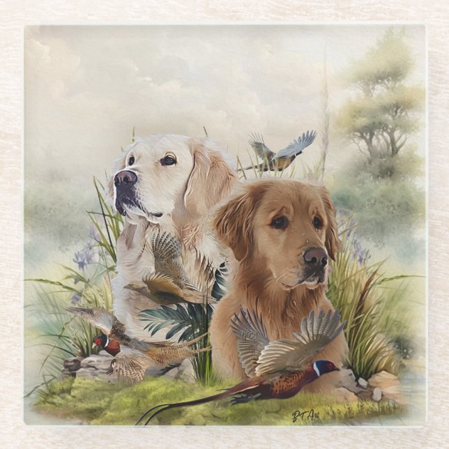 Labrador Retrievers with Pheasant ,Art  Glass Coaster (Front)