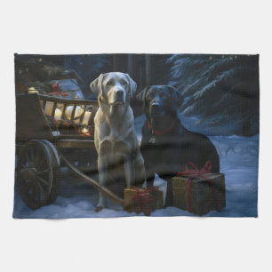Labrador Snowy Sleigh Christmas Decor Tea Towel