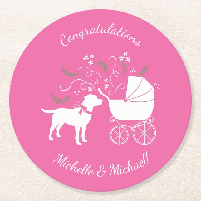 Labrador Theme Dog Baby Shower Pink Lab Round Paper Coaster (Front)