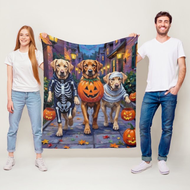 Labrador Trick-or-Treating in Halloween Costumes Fleece Blanket (In Situ)