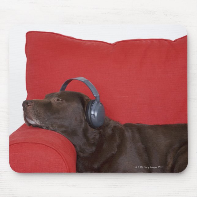 Labrador wearing headphones lying on sofa mouse pad (Front)