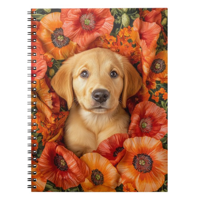 Labrador x Golden Puppy Snuggled in Poppies Notebook (Front)