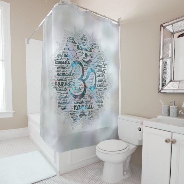 Labradorite Namaste Word Art in Lotus with OM Shower Curtain (In Situ)
