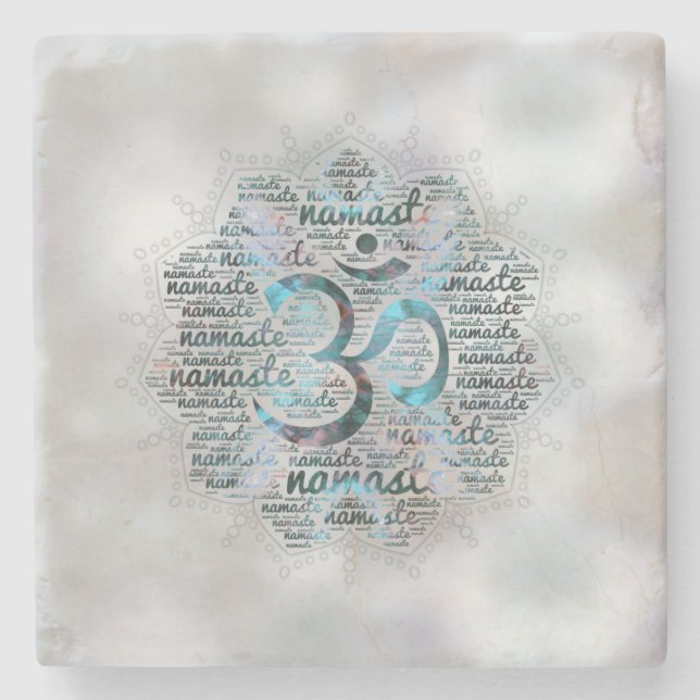 Labradorite Namaste Word Art in Lotus with OM Stone Coaster (Front)