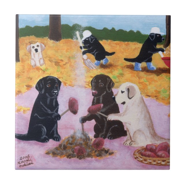 Labradors Autumn Fun Painting Ceramic Tile (Front)