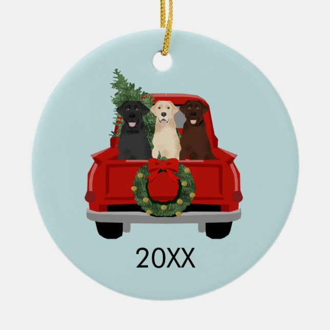 Labradors Christmas Truck 20XX Ceramic Ornament (Front)