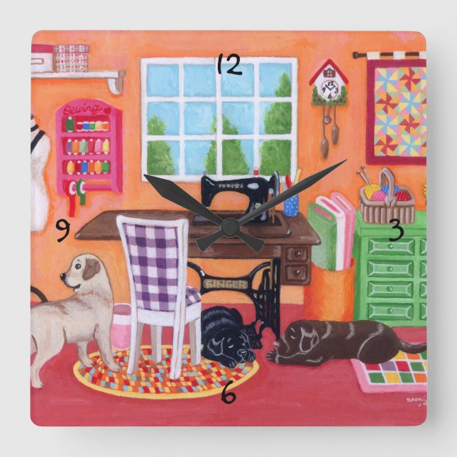 Labradors in Mom's Sewing Room Painting Square Wall Clock (Front)