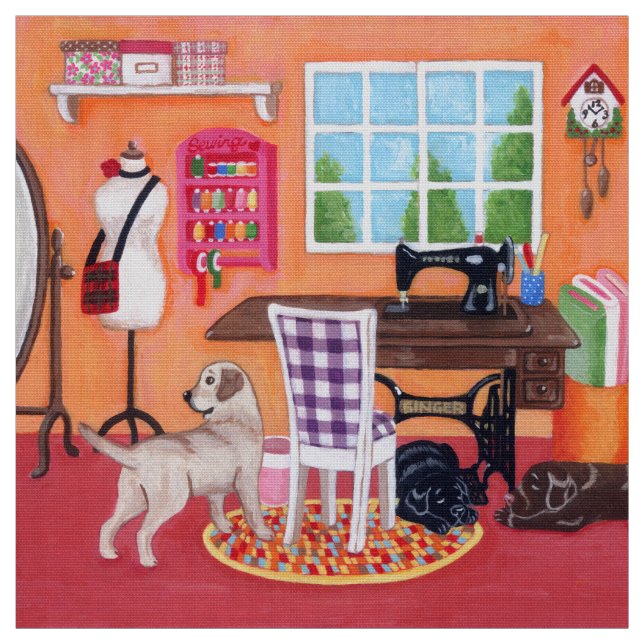 Labradors in Mum's Sewing Room Fabric (Swatch)