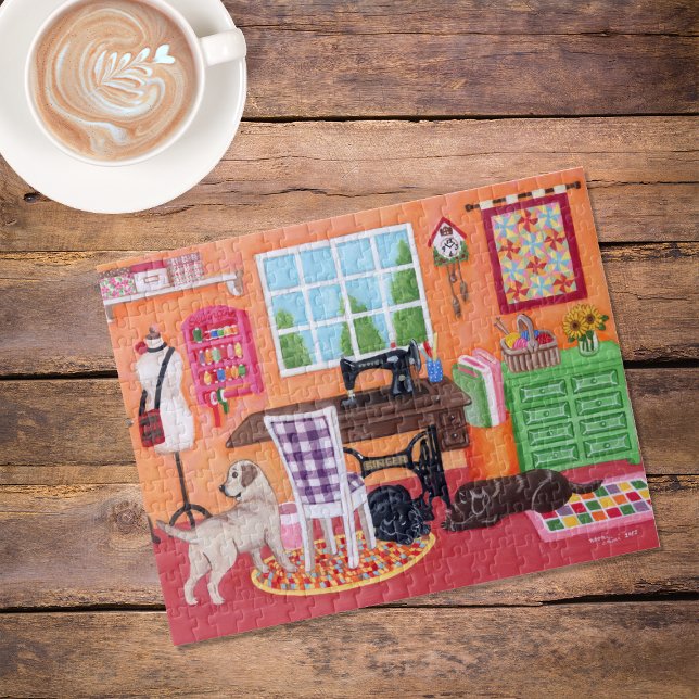 Labradors in Mum's Sewing Room Jigsaw Puzzle (Labradors in Mom's Sewing Room Jigsaw Puzzle featuring Labradors waiting for their Mom.  )
