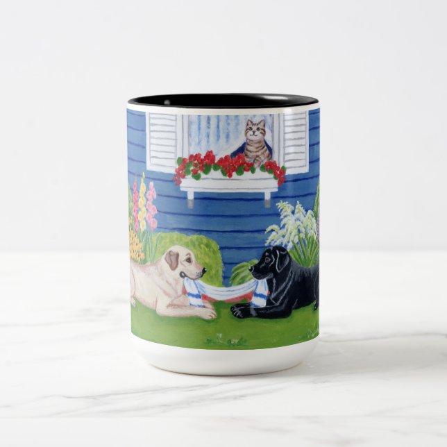 Labradors in the Garden Painting Two-Tone Coffee Mug (Center)