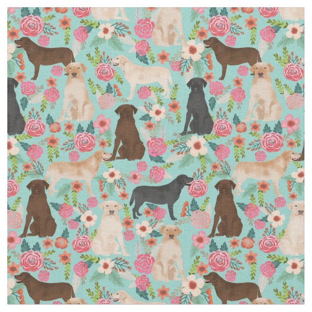 Labradors vintage florals fabric (Close Up)