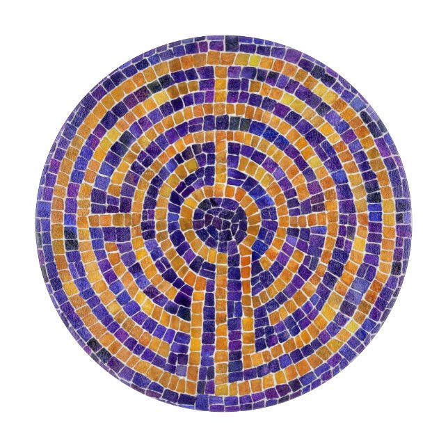 LABYRINTH MOSAIC 12" Round Glass Cutting Board  (Front)