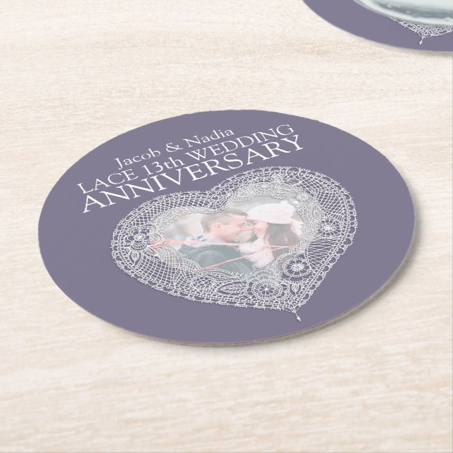 Lace 13th wedding anniversary heart photo coasters (Angled)