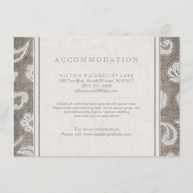 Lace and burlap country wedding accommodation enclosure card (Front)