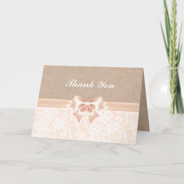 lace and burlap Peach Thank You Card (Front)