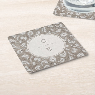 Lace and burlap rustic country wedding monogram square paper coaster