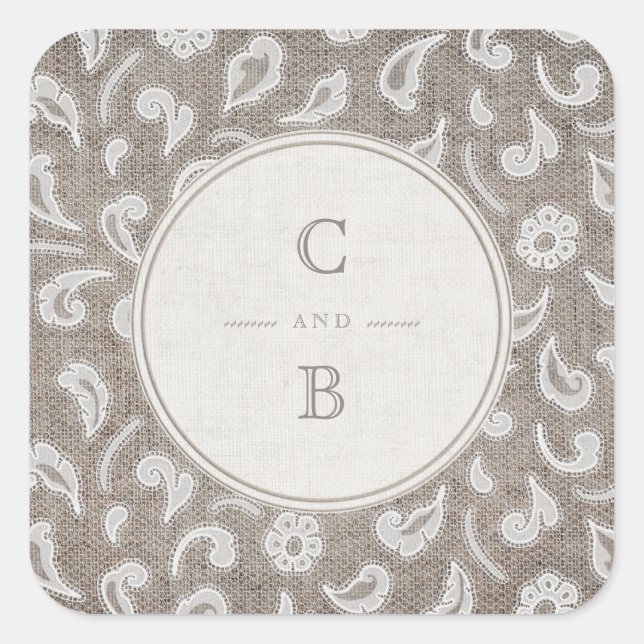Lace and burlap rustic country wedding monogram square sticker (Front)