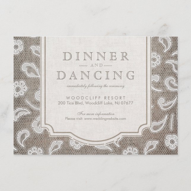 Lace and burlap rustic country wedding reception enclosure card (Front)