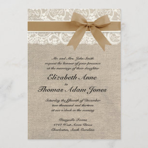 Lace and Burlap Rustic Wedding Invitation- Caramel Invitation