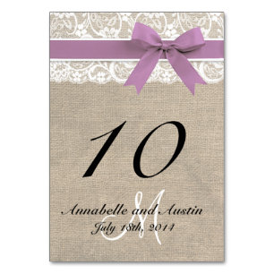 Lace and Burlap Rustic Wedding Table Card Lavender