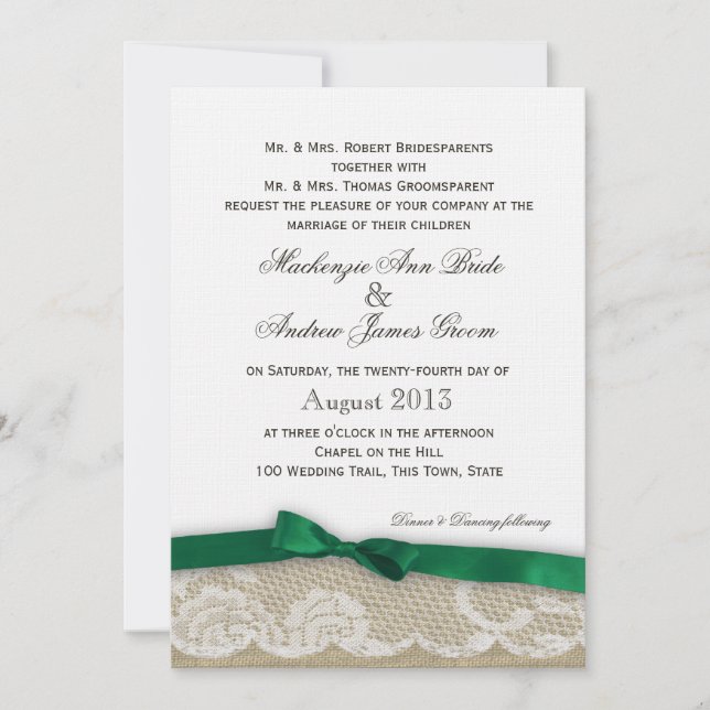 Lace and Emerald Green Bow Wedding Invitation (Front)