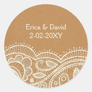 Lace and Kraft Paper Wedding Classic Round Sticker
