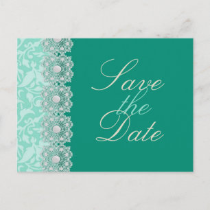 Lace and Pearls Aquamarine Save the Date Postcard