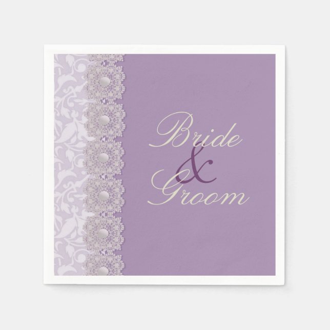 Lace and Pearls Lavender Custom Wedding Napkins (Front)