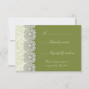 Lace and Pearls Moss Green Wedding RSVP Card