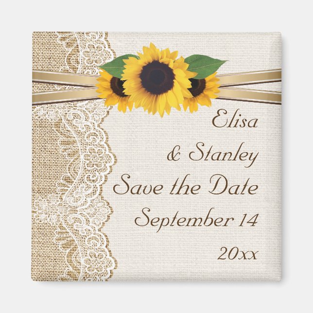 Lace and sunflowers burlap wedding Save the Date Magnet (Front)