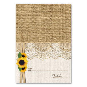 Lace and sunflowers on burlap wedding place card
