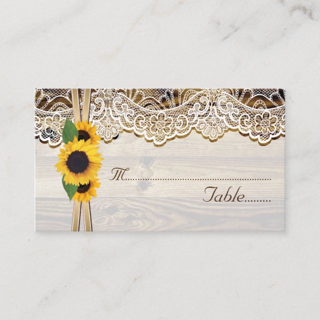 Lace and sunflowers on wood wedding place card (Front)