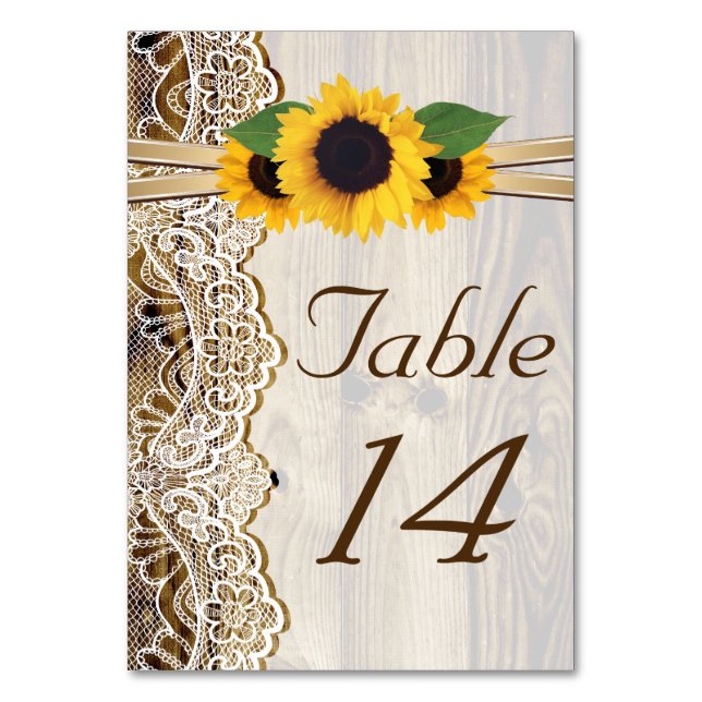 Lace and sunflowers wood wedding table number (Front)