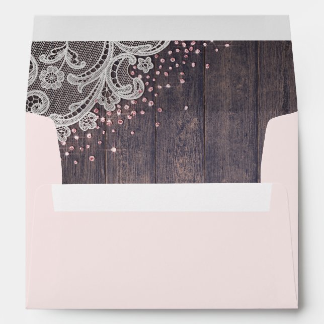 Lace and wood blush glitter liner rustic wedding envelopes (Back (Bottom))