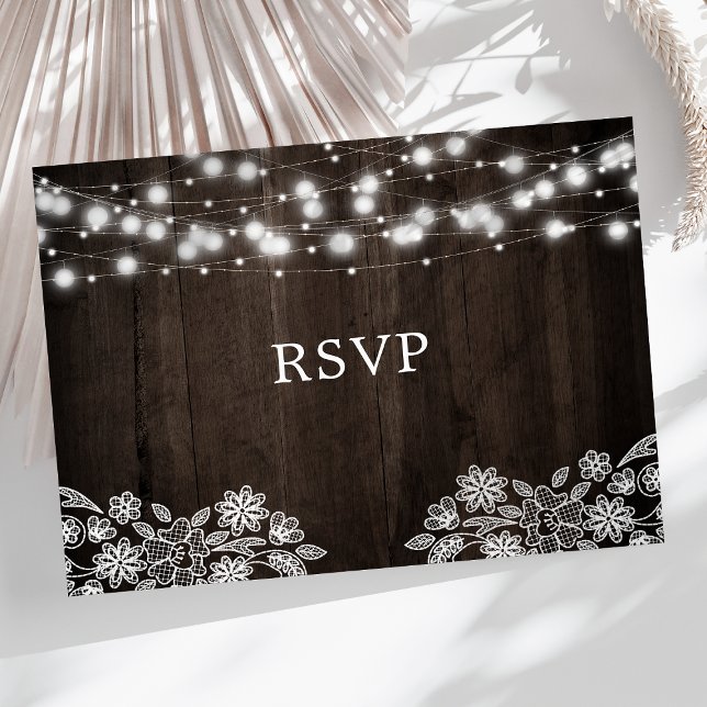 Lace And Wood String Lights Rustic Wedding RSVP Postcard (Creator Uploaded)