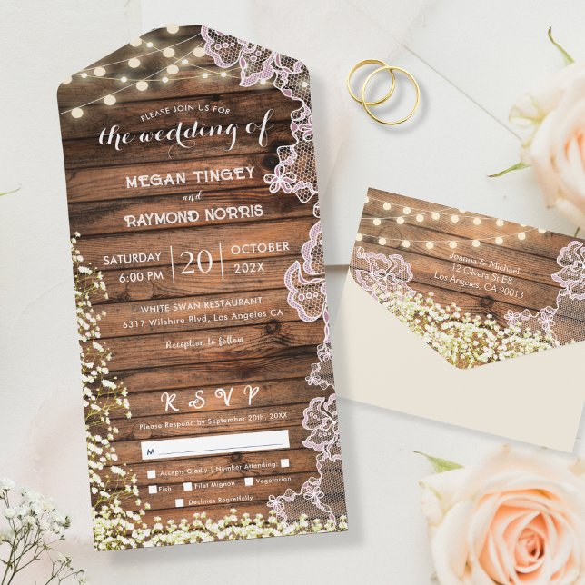 Lace Baby's Breath & String Lights Rustic Wedding All In One Invitation (Creator Uploaded)