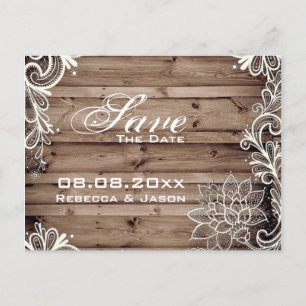 lace barn wood country wedding save the date announcement postcard